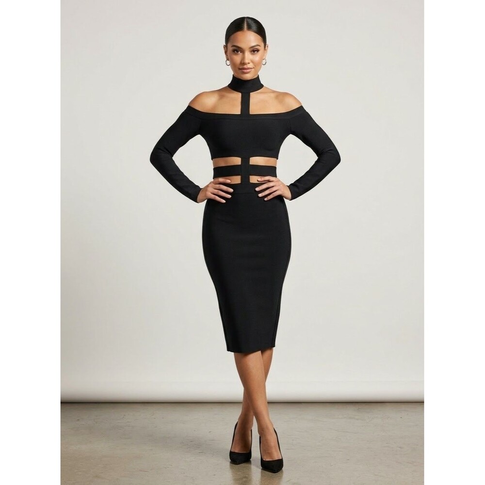 WOW Couture Black Bandage Dress Small Off Shoulder Cutout Choker Bodycon Midi